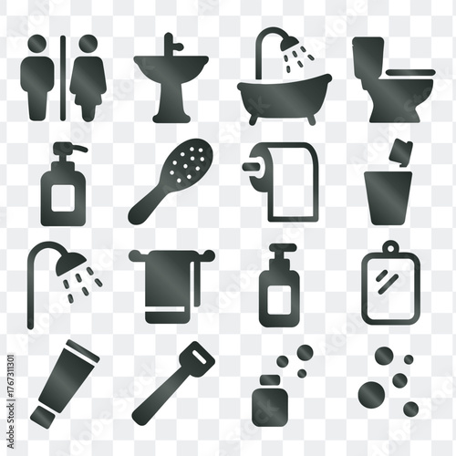 Bathroom bathtub shower personal hygiene body care vector icons set