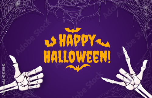 Happy Halloween greeting card with skeleton hands and white cobweb threads. Vector glowing orange bats, tangled spider web and skeleton arms pointing inward. Halloween party poster or festive banner