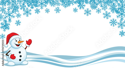 Cheerful snowman in a red hat and mittens waving, surrounded by snowflakes and snow drifts.