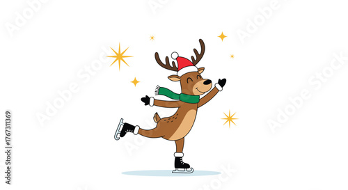 Cute cartoon reindeer ice skating wearing a santa hat and scarf with sparkling stars.