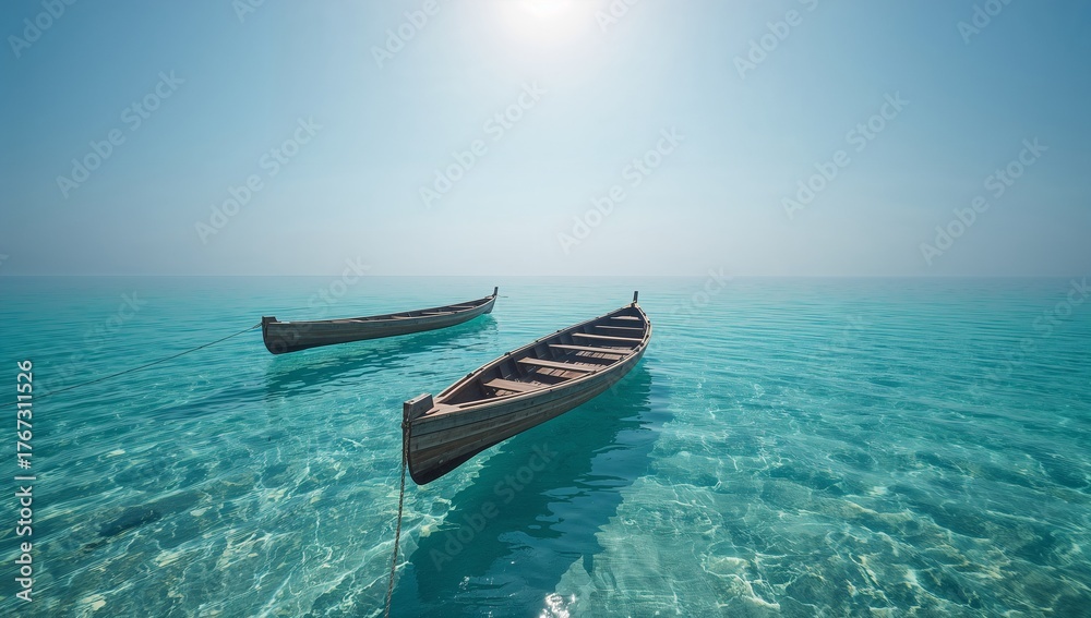 Fototapeta premium Two small wooden boats drift peacefully on clear turquoise water