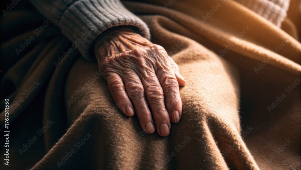 Fototapeta premium Elderly Hand Pulling a Blanket Over Legs in Golden Natural Light