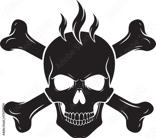Monochrome vector illustration of a flaming skull and crossbones.