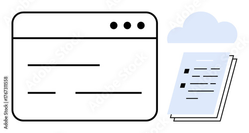 Browser window and stacked documents under a cloud. Ideal for file management, web solutions, cloud storage, productivity, collaboration, data sharing, tech innovation. Simple flat metaphor