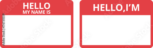 Hello My Name Is Tag Sticker on transparent background. Blank Name Tag Sticker - Customizable ‘Hello I AM’ Tag for Events, Conferences, and Workshops in Red and White