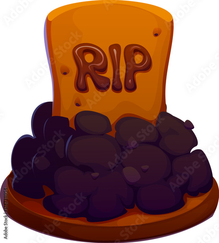 Cartoon Halloween tart with cookies tombstone. Fun and spooky sweet dessert decorated with chocolate and cream. Cute vector snack for Halloween treats and kids party