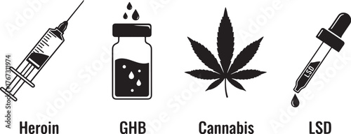 Illustrative depiction of various illicit substances and their associated paraphernalia.