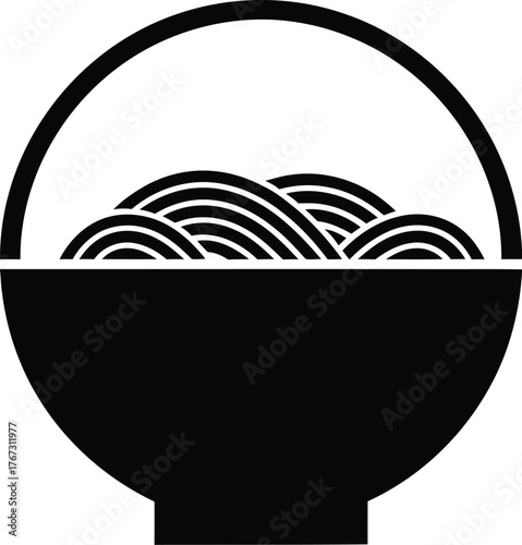 Simple black and white icon of a bowl filled with noodles