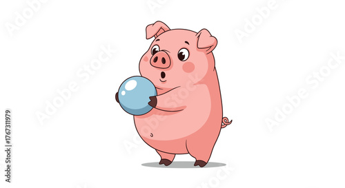 A cute cartoon pig holds a shiny blue ball with a surprised expression on its face.