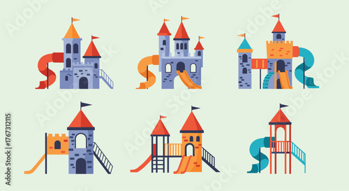 Collection of colorful cartoon castles with slides and playgrounds for kids.