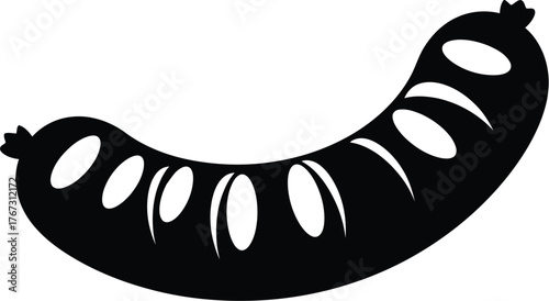Black silhouette of a curved sausage with slices