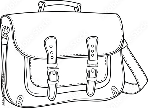 Black and white line drawing of satchel bag with buckles, handle, shoulder strap, zipper, and rivets for fashion accessory vector.
