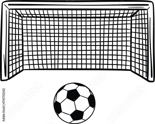 Black and white soccer goal with classic ball illustration, perfect for sports design, football themes, training, match, and competition concepts.