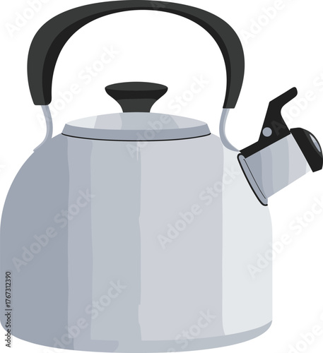 Metallic stovetop tea kettle with black handle and spout lever, isolated kitchenware vector for boiling water and home cooking.