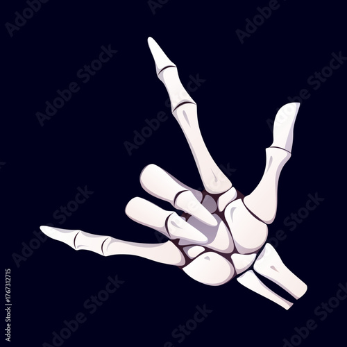 Halloween skeleton vector hand shows finger bones stretched outward in gesture resembling a heavy metal sign. Cartoon vector phalanges makes the iconic devil horns symbol, Halloween skeleton gesture
