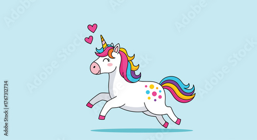 Cute cartoon unicorn with rainbow mane and tail frolicking with hearts.