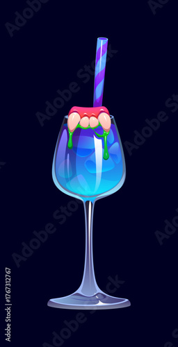 Halloween party blue cocktail beverage glass with blue drink, with fake gums and teeth dripping green slime. Scary bar menu, Halloween party, horror event cocktail. Mysterious and spooky fantasy brew