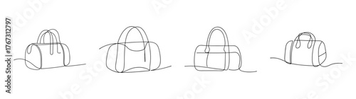 Set of four simplified line art drawings of duffel bags with unique handles and closures