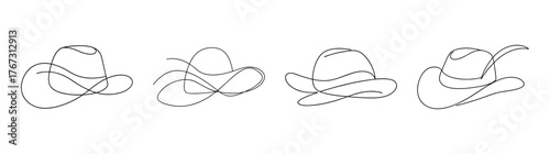 Four hand drawn panama hats in black and white outline style sketch