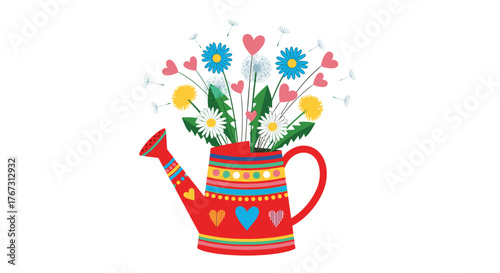 Whimsical red watering can overflowing with colorful flowers and heart shapes.