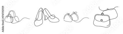Elegant fashion sketches of four different handbags and purses