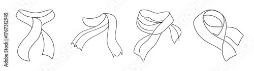 Four different scarf knot designs depicted in hand-drawn line art style
