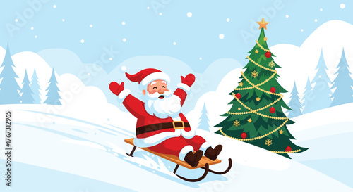 Santa Claus enjoys a sled ride down a snowy hill near a decorated Christmas tree during the winter season.