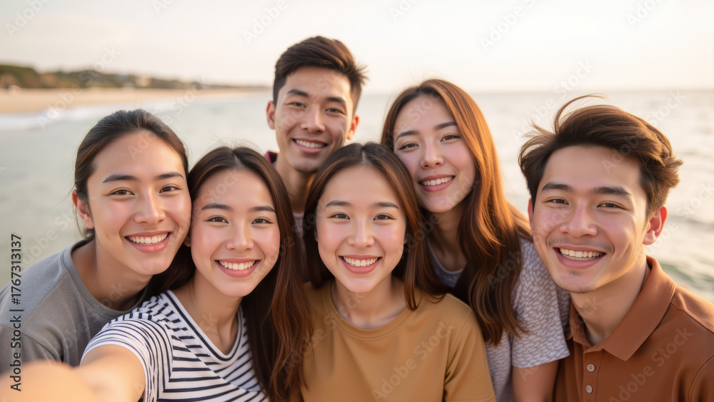 Obraz premium Friendly group of young adults smiling together by beach during sunset, capturing joyful moment of friendship and connection