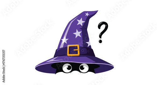 A curious black cat peeks out from under a large purple wizard hat adorned with stars.