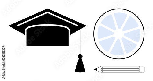 Graduation cap, segmented wheel, and pencil highlighting learning, creativity, and goals. Ideal for academia, studies, inspiration development achievement skill-building and career. Simple flat