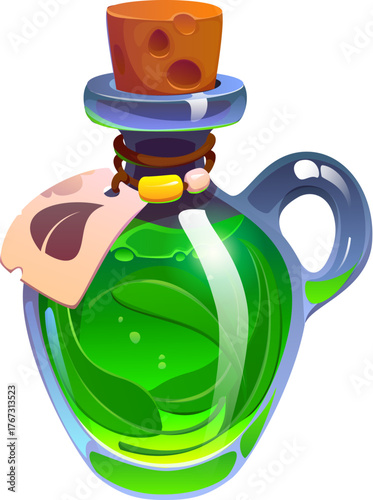 Cartoon magic potion vector bottle of luminous green elixir with cork top and decorative tag tied with string. Witchcraft potion, fantasy game alchemy gui asset, magical spell or natural mixture