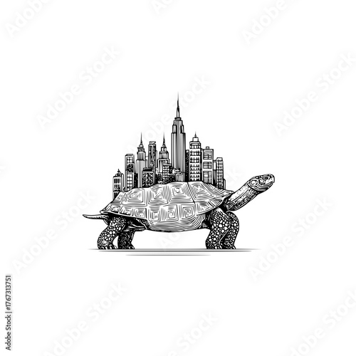 Turtle carrying city skyline drawing illustration concept for travel and urban development designs vector art