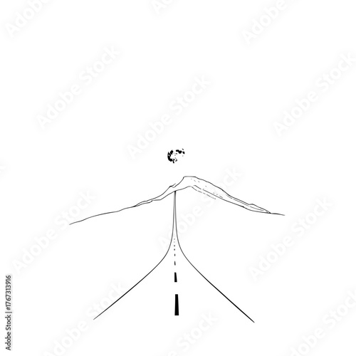 Minimalist road trip art print mountain landscape drawing moon travel poster adventure wall decor fine line sketch 100