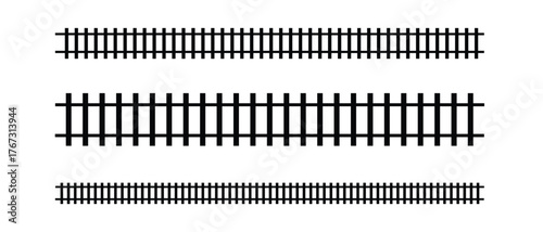 Train Track Silhouette Set, Railway Line and Railroad Path Vector Illustration. A Silhouette Of Traintrack Railroad Railway Contour, Rail Road Silhouette, Train Line Silhouette