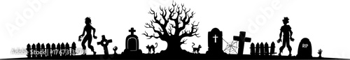Halloween scary cemetery graveyard silhouette. Creepy night graveyard vector silhouette. Halloween horror holiday spooky cemetery with walking zombies, old tombstones, black cats, cobweb and dead tree