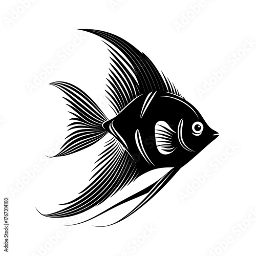 Elegant black and white angelfish illustration on isolated white background