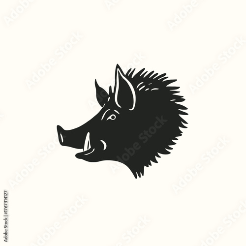 Black and white boar head illustration on cream background for design