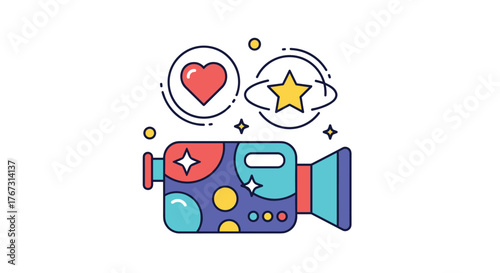 Colorful illustration of a video camera surrounded by icons symbolizing love, stars, and creativity.