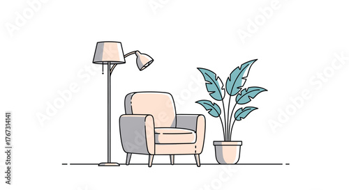 Cozy interior scene with a floor lamp, armchair, and a potted plant.