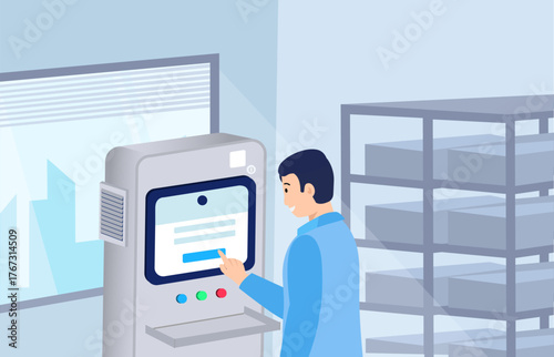A factory worker operates a modern industrial machine using a digital touchscreen interface.