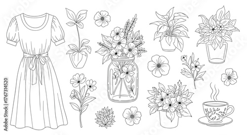 Line art collection of a dress, potted plants, flower arrangements, and a cup of tea.