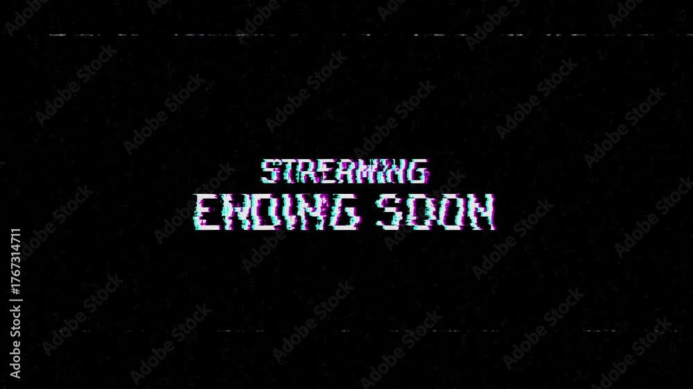 Streaming ending soon glitch effect animation on black background. 4K Video