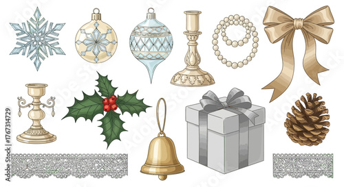 A collection of elegant Christmas and winter holiday decorations including baubles, holly, a gift, and a snowflake.