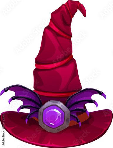 Halloween witch or wizard magic hat a curled top, deep red fabric and radiant purple gemstone. Vector crimson wizard hat featuring folds of fabric and violet crystal framed in a silver and bat wings