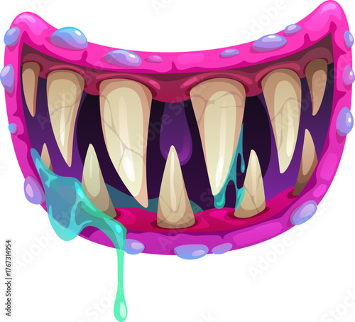 Cartoon monster mouth with dripping slime and pink lips. Vector wide, open mouth with long fangs, irregular teeth, purple inner mouth, and blue-green drool for Halloween holiday mask