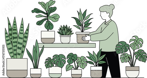 Person arranging houseplants on shelves, enjoying indoor gardening hobby at home