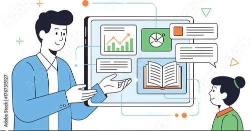 Engaging teacher explaining business data charts to student for online learning