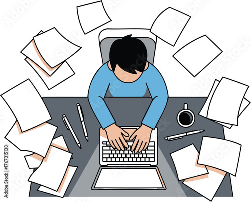 Overwhelmed writer typing furiously, surrounded by scattered papers and coffee