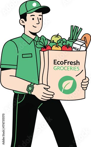 Friendly delivery driver carrying fresh organic groceries to your doorstep quickly