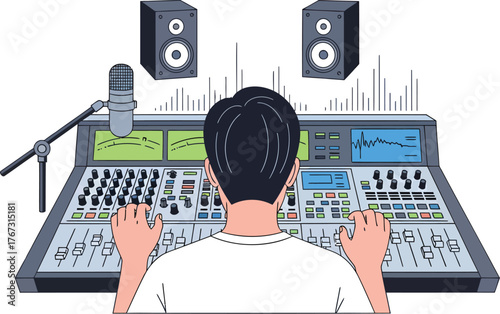 Music producer skillfully mixing audio with console, creating vibrant soundscapes